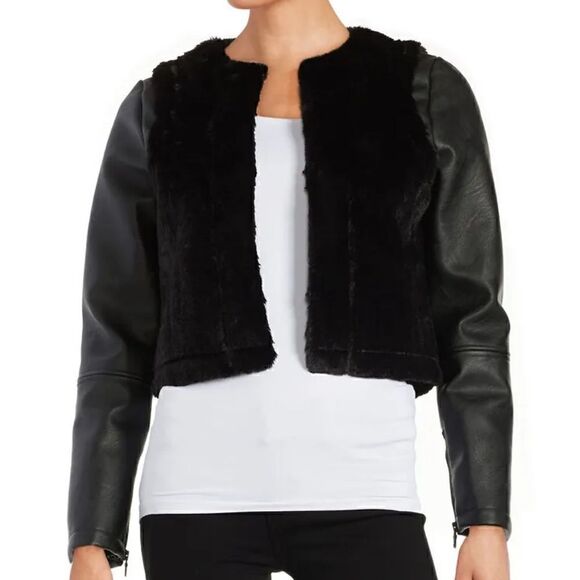 Sam Edelman Gabby Black Faux Fur and Vegan Leather Cropped Jacket Size Small - Picture 2 of 12